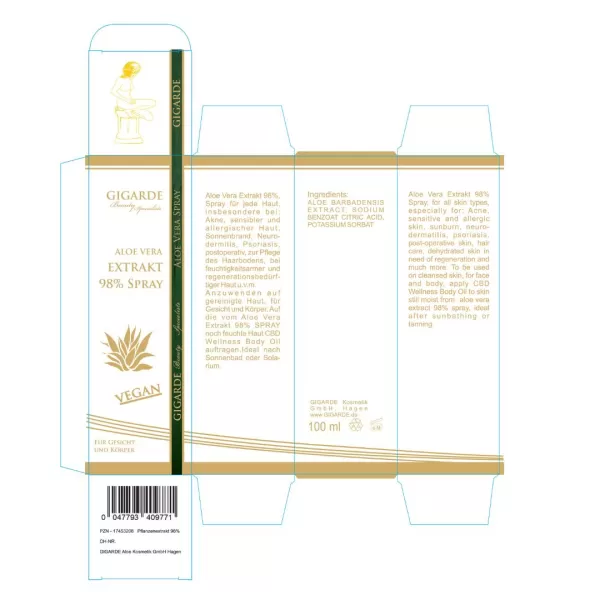 Aloe Vera Spray, Feuchtigkeitsspray mit natürlichem Aloe Vera Barbadensis Extrakt für Gesicht & Körper, 100 ml